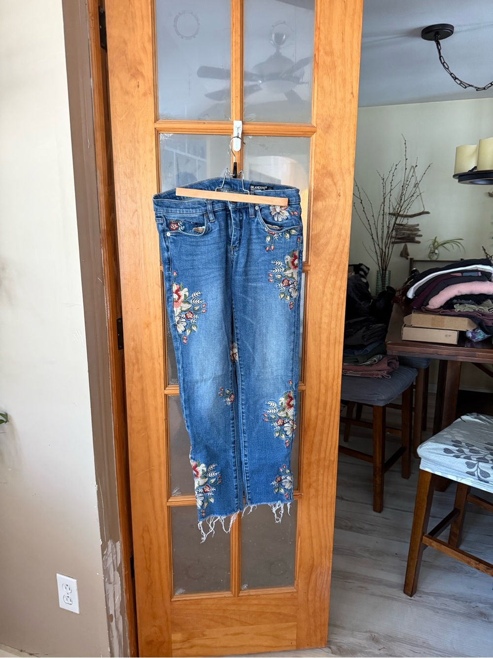 Blank NYC Blue Embroidered Cropped Jeans with Floral Accents